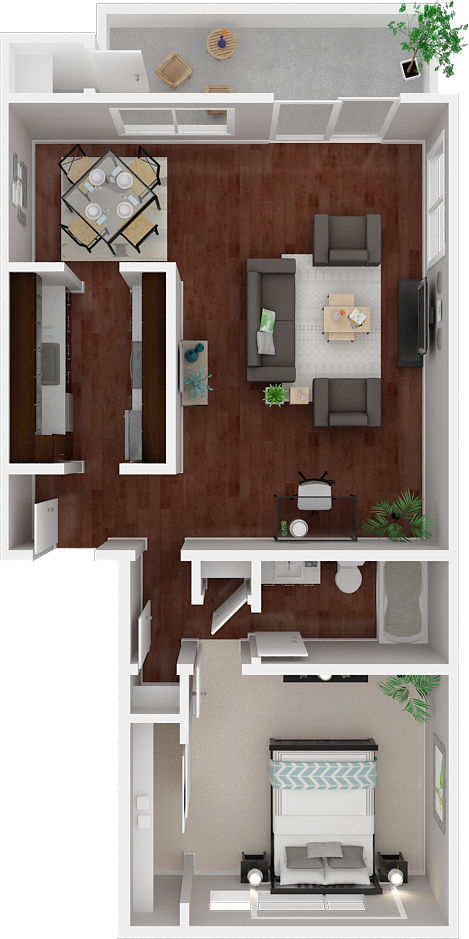 Floor plan for 1 bed, 1 bath, 728 sqft